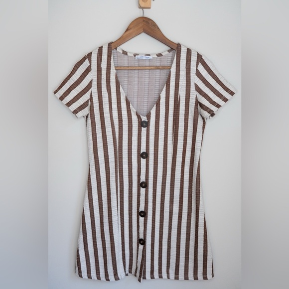 Zara V-Neck Striped Tunic or mini dress in Brown and White - Picture 3 of 10